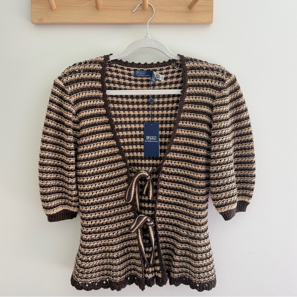 Polo by Ralph Lauren Brown & Cream Striped Tie-Front Short Sleeve Cardigan